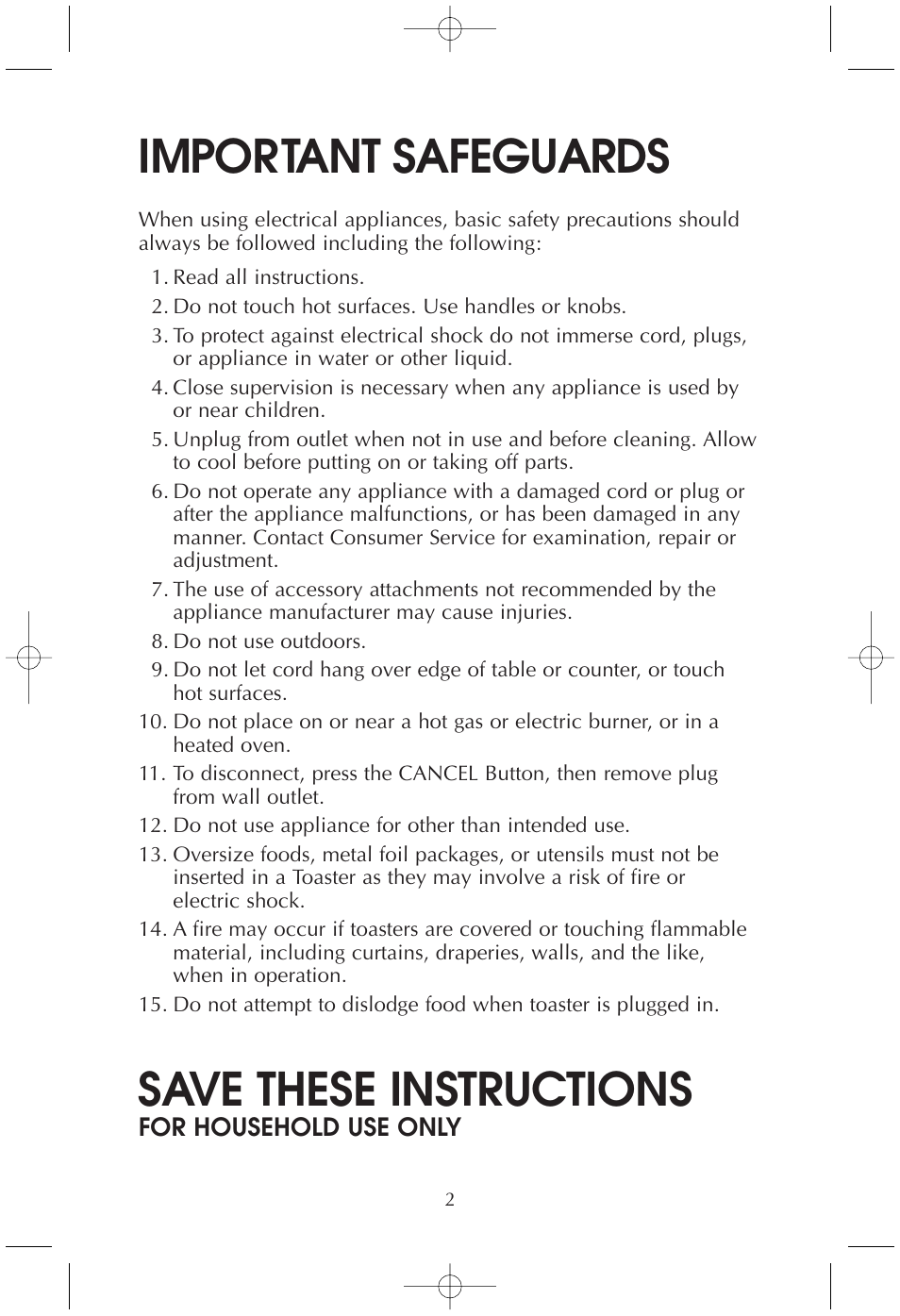 Important safeguards, Save these instructions | Toastmaster T230/T230B User Manual | Page 2 / 11