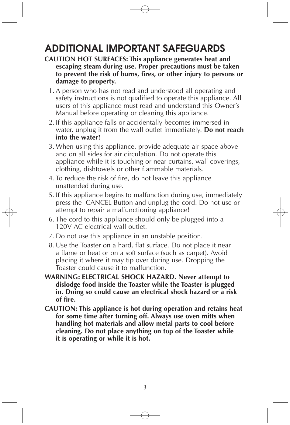 Additional important safeguards | Toastmaster T230/T230B User Manual | Page 3 / 11