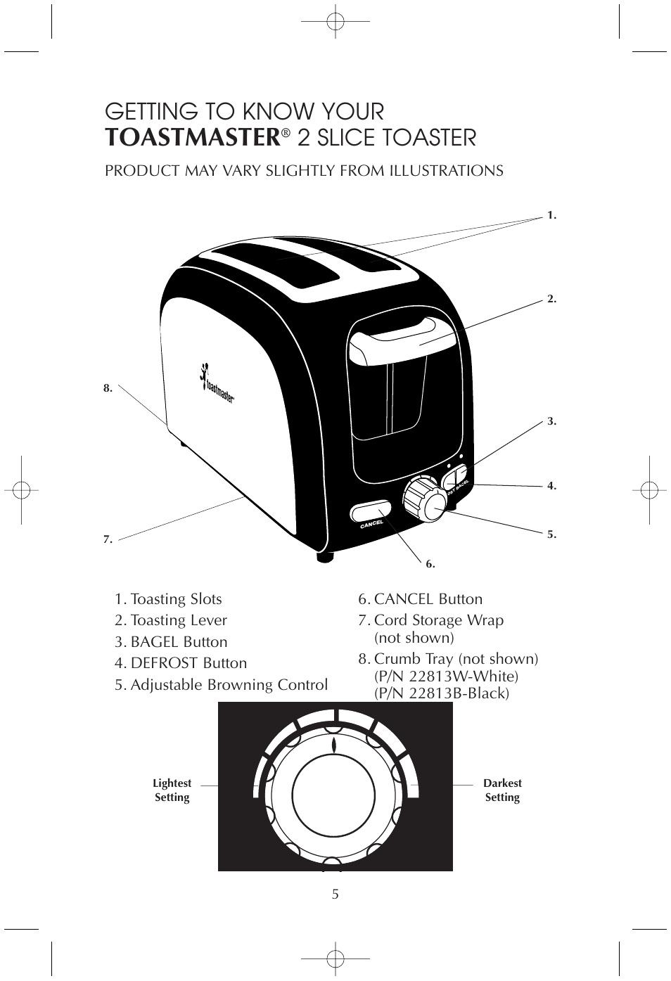 Toastmaster, Getting to know your, 2 slice toaster | Toastmaster T230/T230B User Manual | Page 5 / 11