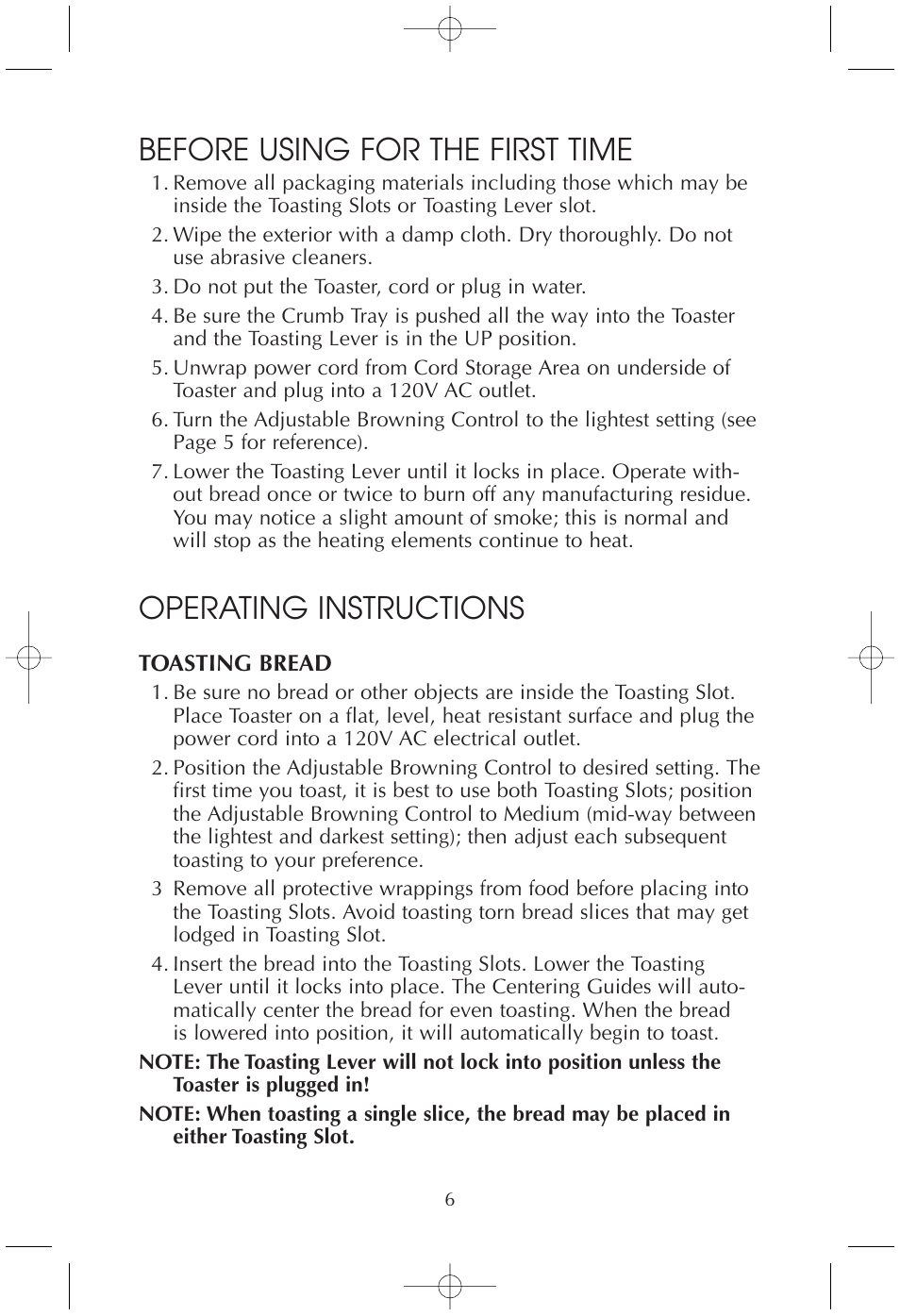 Before using for the first time, Operating instructions | Toastmaster T230/T230B User Manual | Page 6 / 11