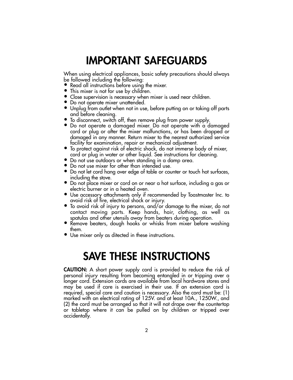 Important safeguards, Save these instructions | Toastmaster TSM10 User Manual | Page 2 / 66