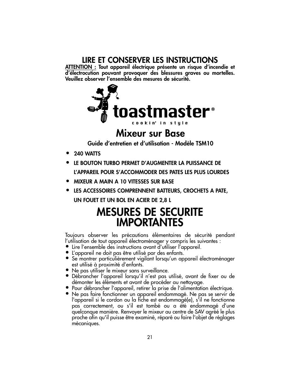 Mesures de securite importantes, Mixeur sur base, Lire et conserver les instructions | Toastmaster TSM10 User Manual | Page 21 / 66