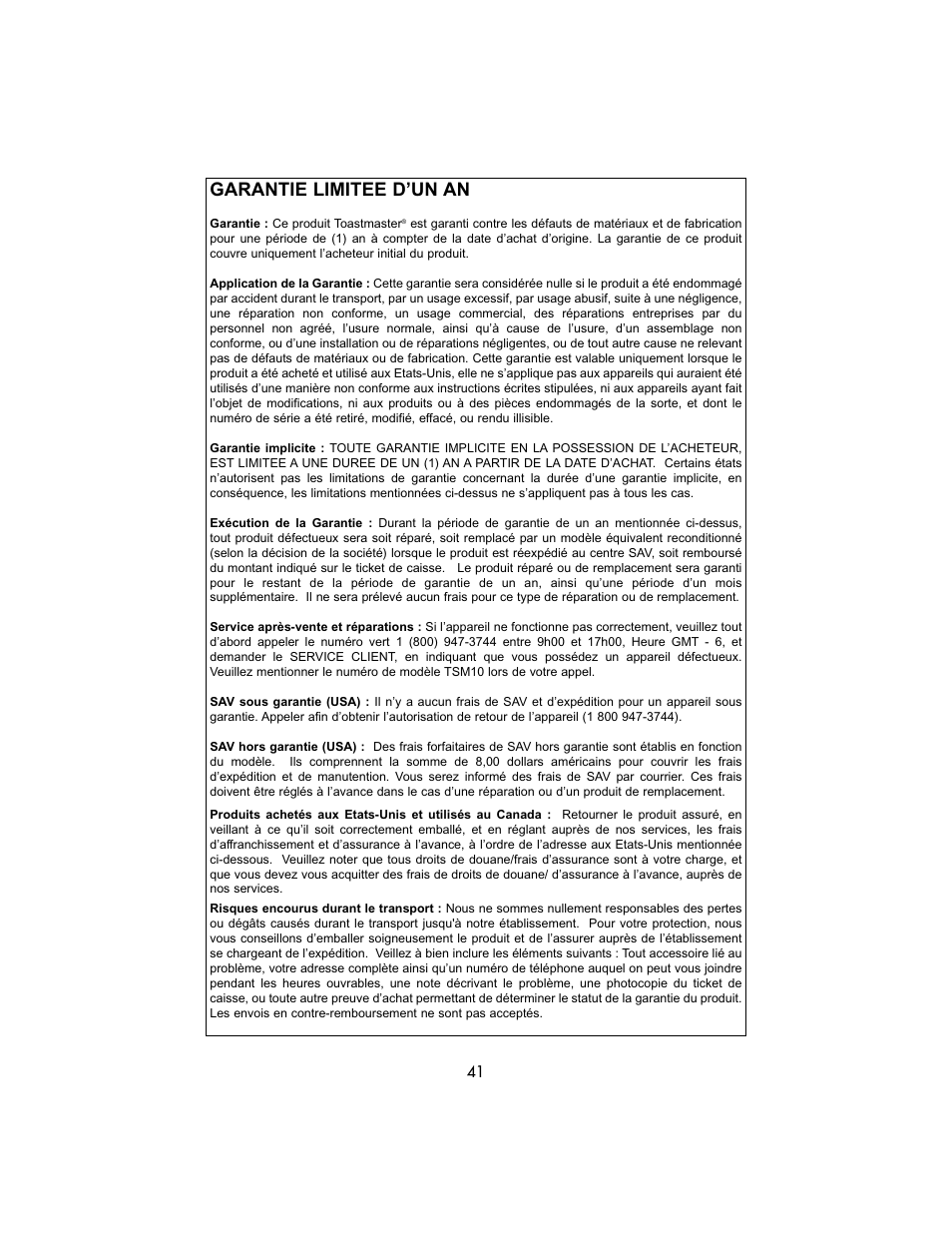 Garantie limitee d’un an | Toastmaster TSM10 User Manual | Page 41 / 66