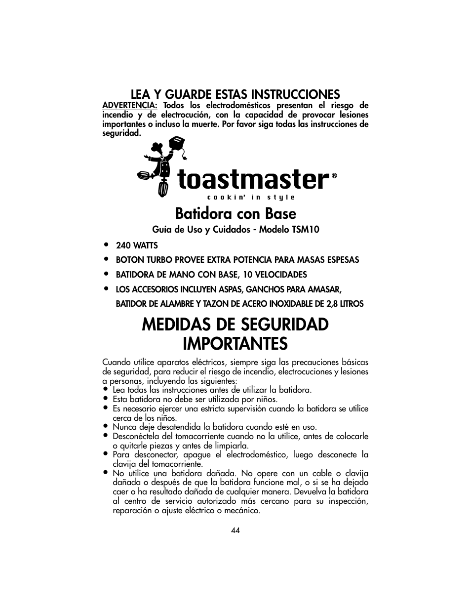 Medidas de seguridad importantes, Batidora con base, Lea y guarde estas instrucciones | Toastmaster TSM10 User Manual | Page 44 / 66