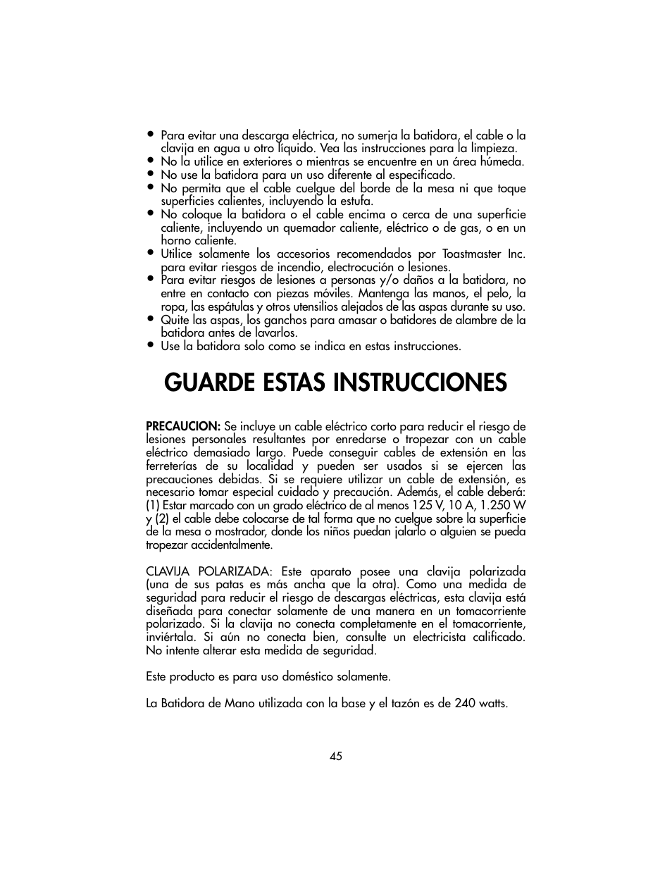 Guarde estas instrucciones | Toastmaster TSM10 User Manual | Page 45 / 66