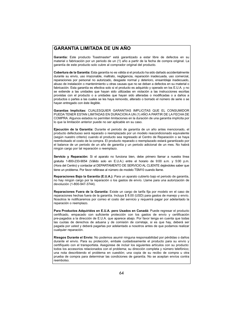 Garantia limitada de un año | Toastmaster TSM10 User Manual | Page 64 / 66