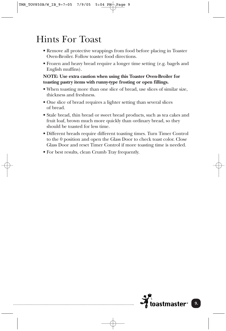 Hints for toast | Toastmaster TOV850B/W User Manual | Page 10 / 22