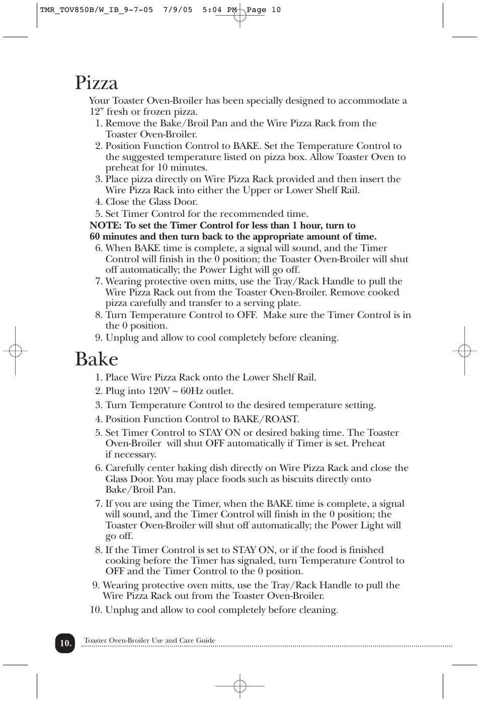 Pizza, Bake | Toastmaster TOV850B/W User Manual | Page 11 / 22