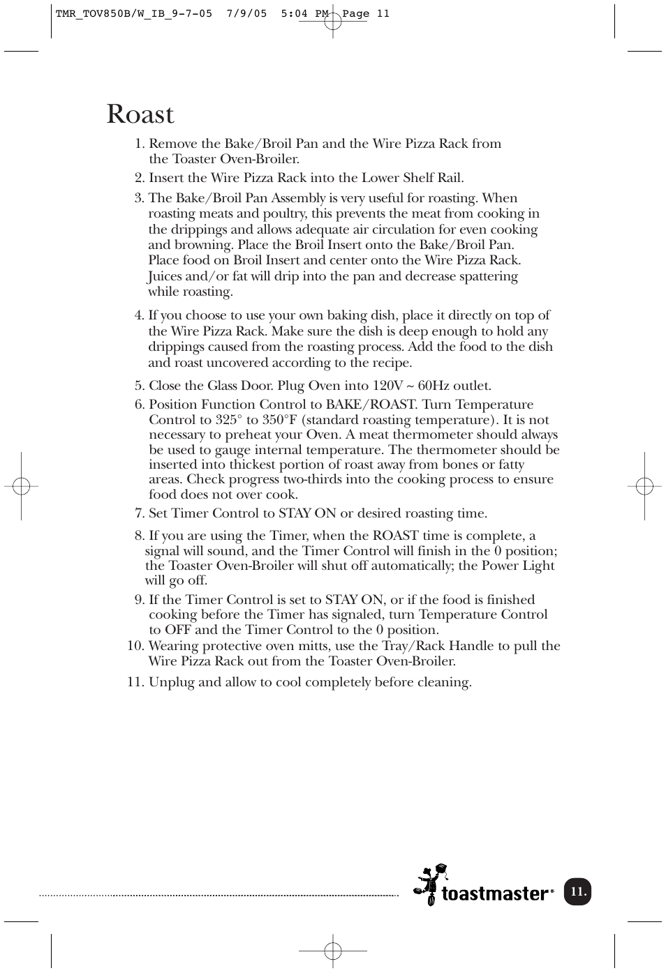 Roast | Toastmaster TOV850B/W User Manual | Page 12 / 22