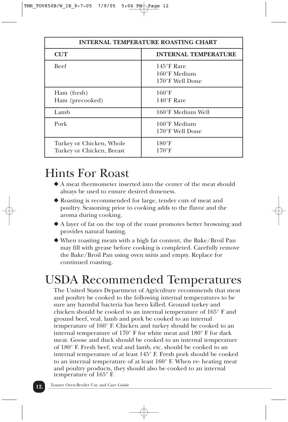 Hints for roast, Usda recommended temperatures | Toastmaster TOV850B/W User Manual | Page 13 / 22