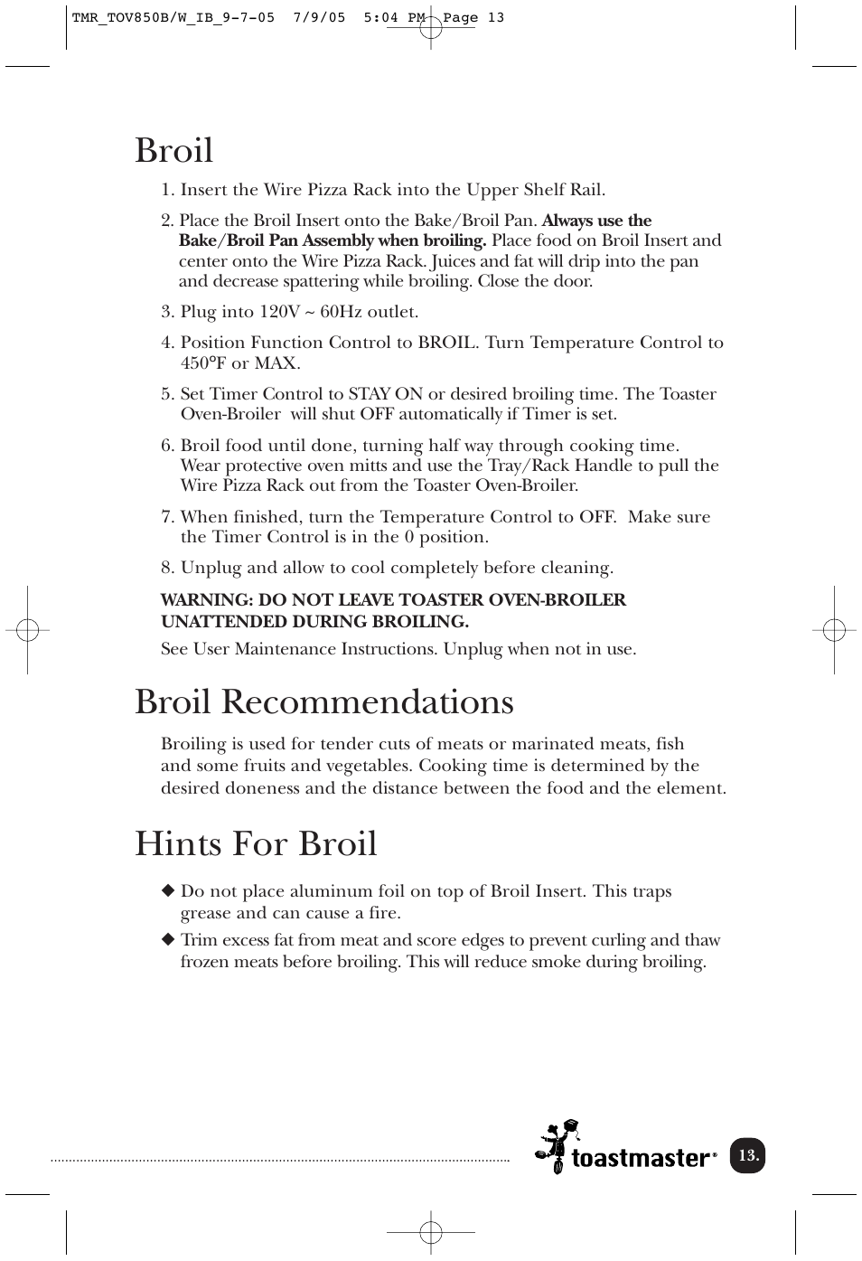 Broil, Broil recommendations, Hints for broil | Toastmaster TOV850B/W User Manual | Page 14 / 22