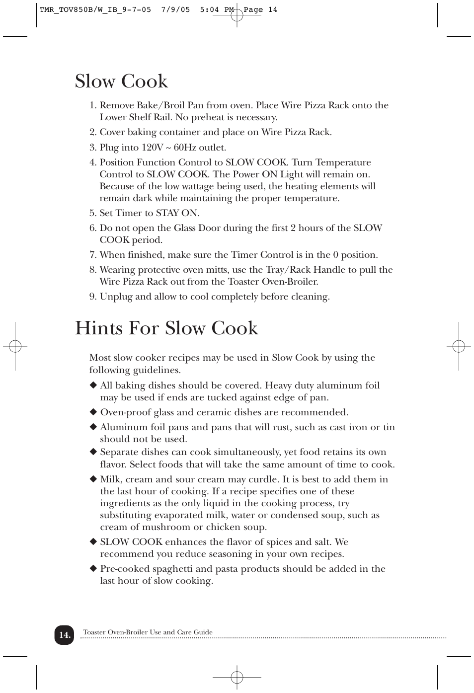 Slow cook, Hints for slow cook | Toastmaster TOV850B/W User Manual | Page 15 / 22