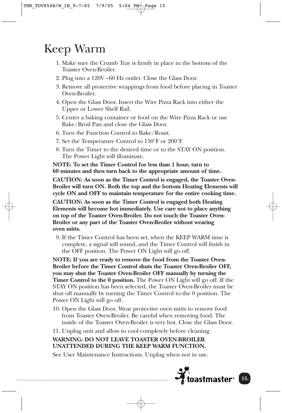 Keep warm | Toastmaster TOV850B/W User Manual | Page 16 / 22