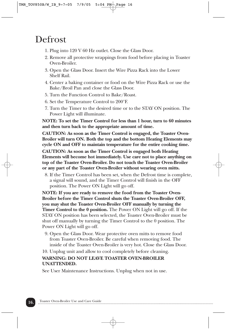 Defrost | Toastmaster TOV850B/W User Manual | Page 17 / 22