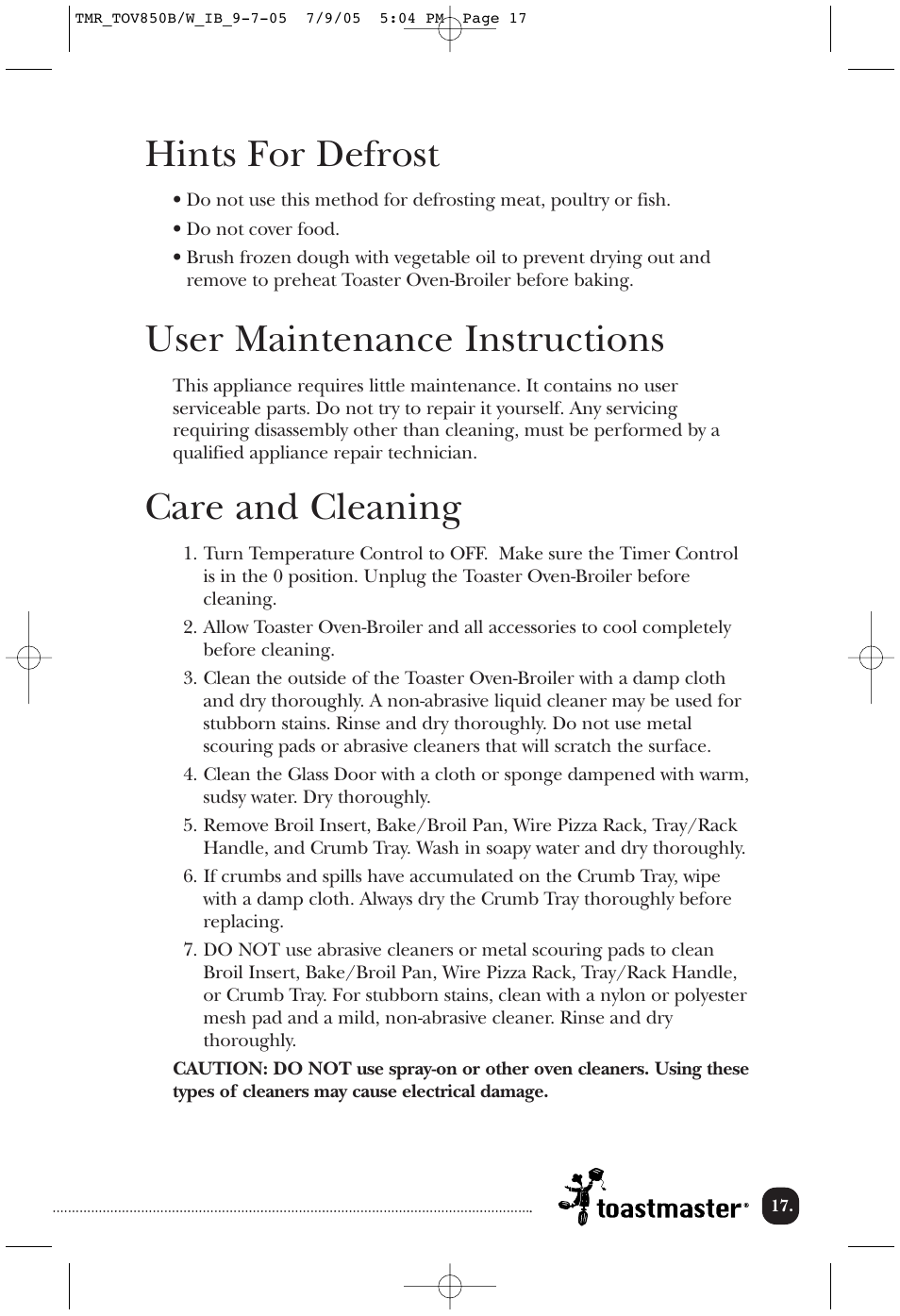 Hints for defrost, User maintenance instructions, Care and cleaning | Toastmaster TOV850B/W User Manual | Page 18 / 22