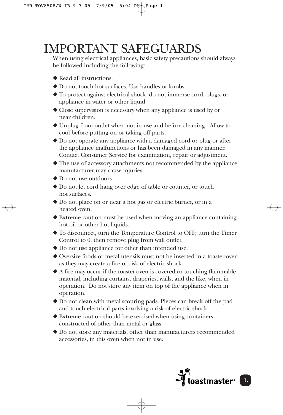 Important safeguards | Toastmaster TOV850B/W User Manual | Page 2 / 22