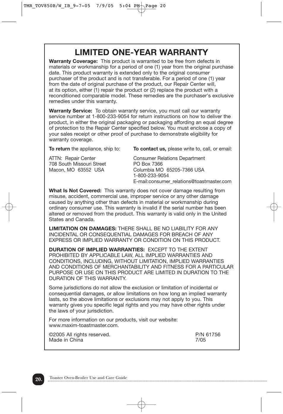 Limited one-year warranty | Toastmaster TOV850B/W User Manual | Page 21 / 22