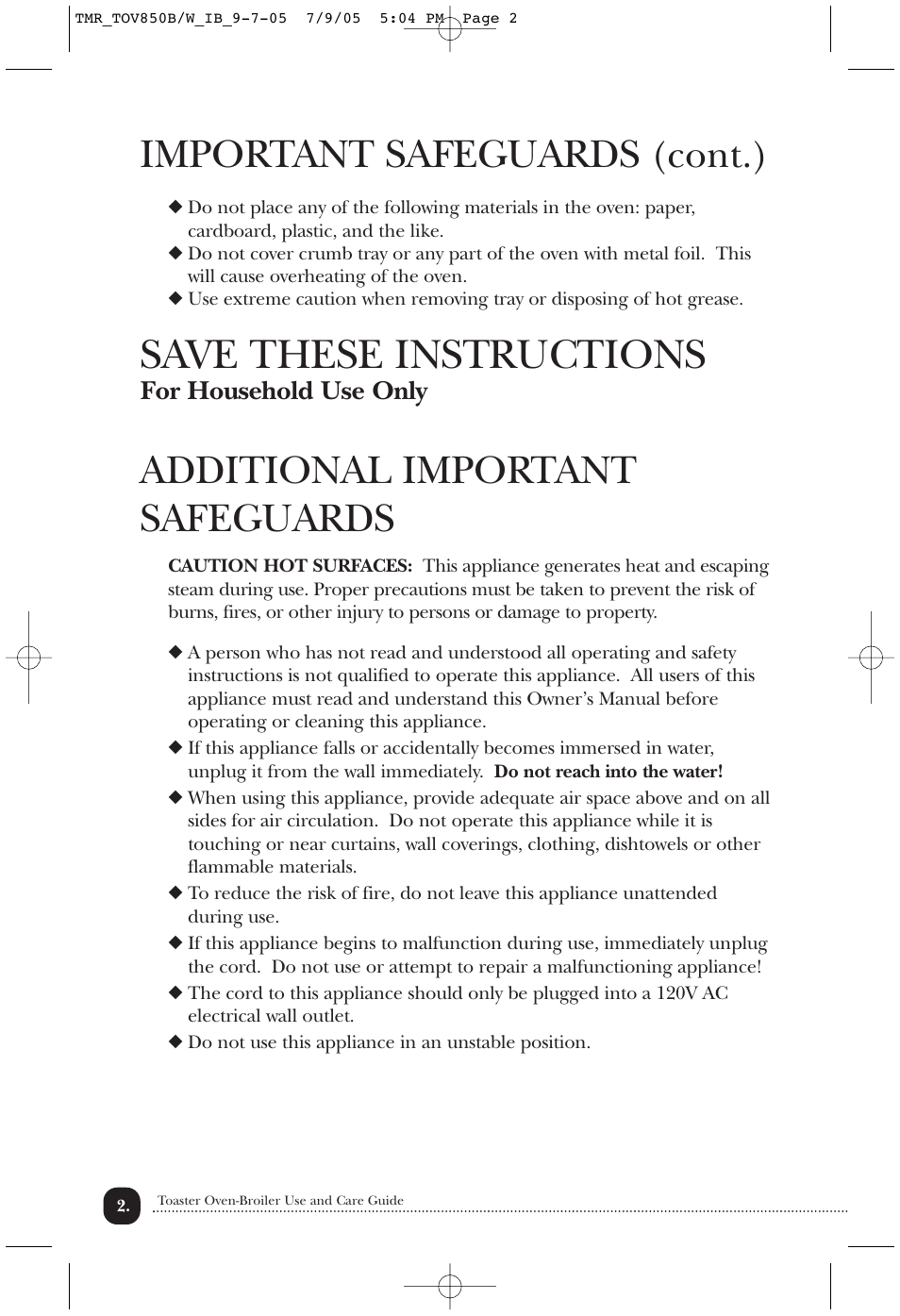 Save these instructions, Important safeguards, Additional important safeguards | Cont.), For household use only | Toastmaster TOV850B/W User Manual | Page 3 / 22