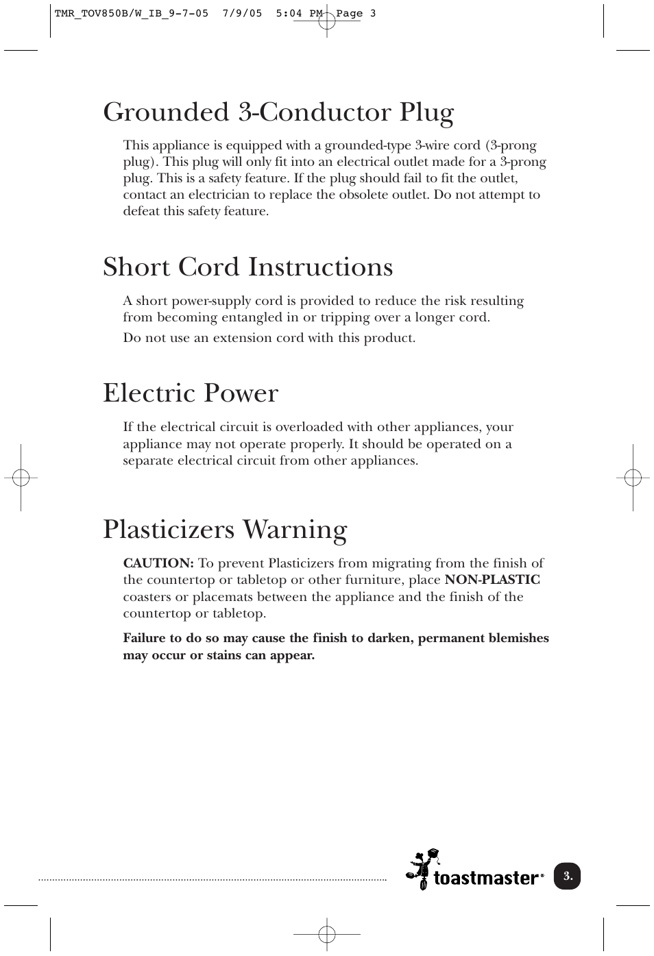 Grounded 3-conductor plug, Short cord instructions, Electric power | Plasticizers warning | Toastmaster TOV850B/W User Manual | Page 4 / 22