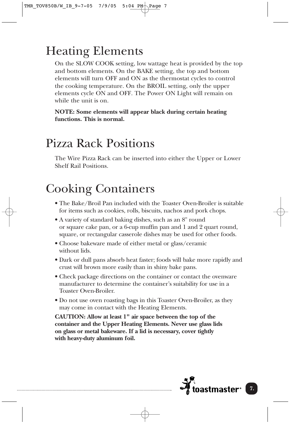 Heating elements, Pizza rack positions, Cooking containers | Toastmaster TOV850B/W User Manual | Page 8 / 22