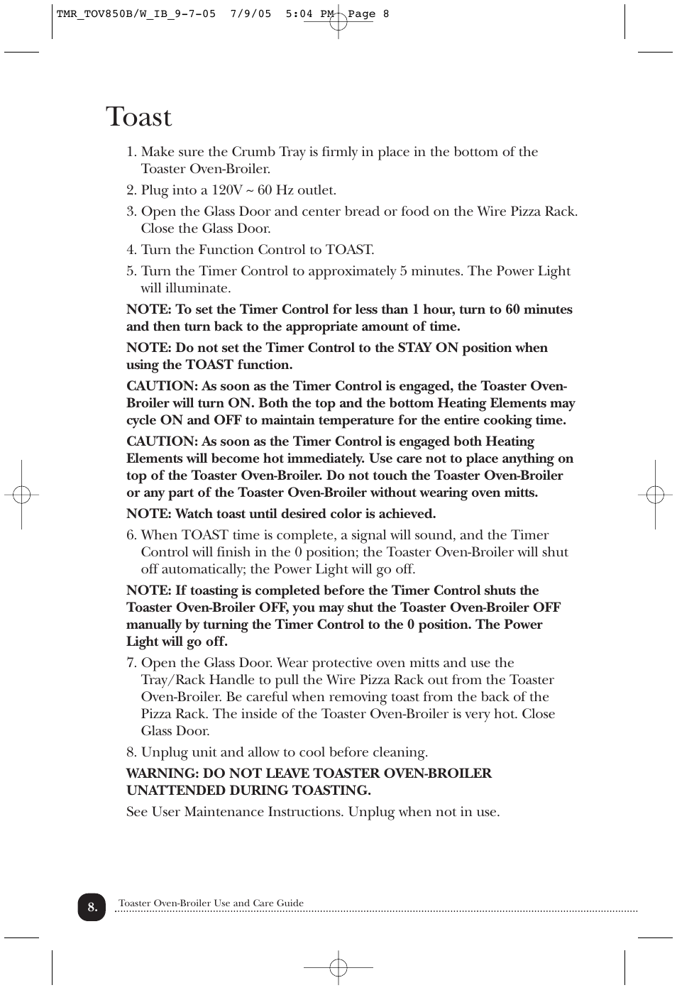 Toast | Toastmaster TOV850B/W User Manual | Page 9 / 22