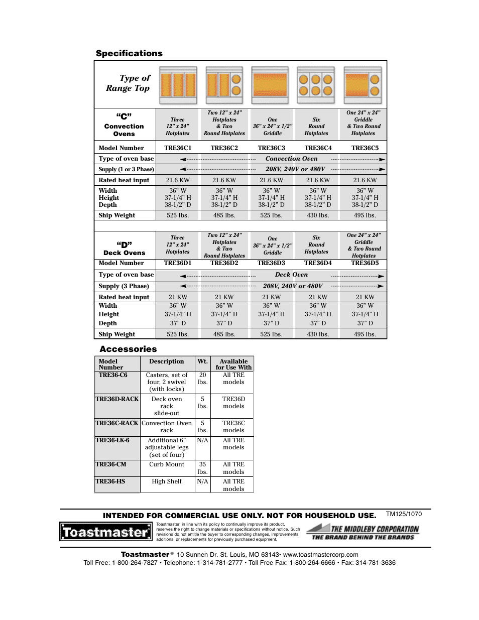 Specifications “c, Type of range top, Accessories | Toastmaster RH36D4 User Manual | Page 2 / 2