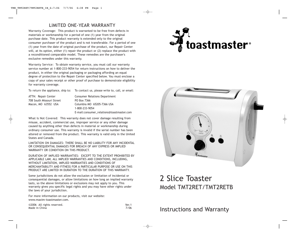 Toastmaster TMT2RET User Manual | 12 pages