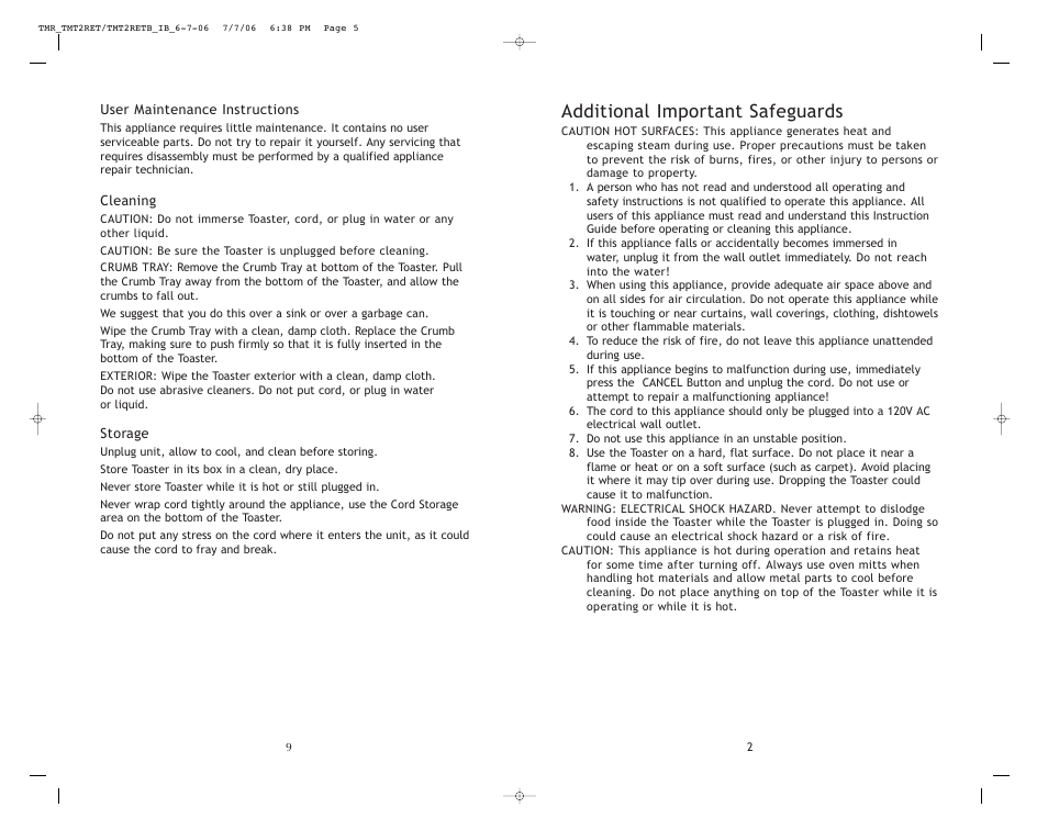 Additional important safeguards | Toastmaster TMT2RET User Manual | Page 10 / 12