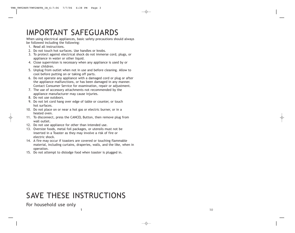Important safeguards, Save these instructions | Toastmaster TMT2RET User Manual | Page 11 / 12