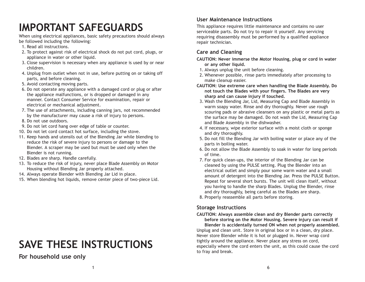 Important safeguards, Save these instructions, For household use only | Toastmaster RHBLRET User Manual | Page 7 / 8