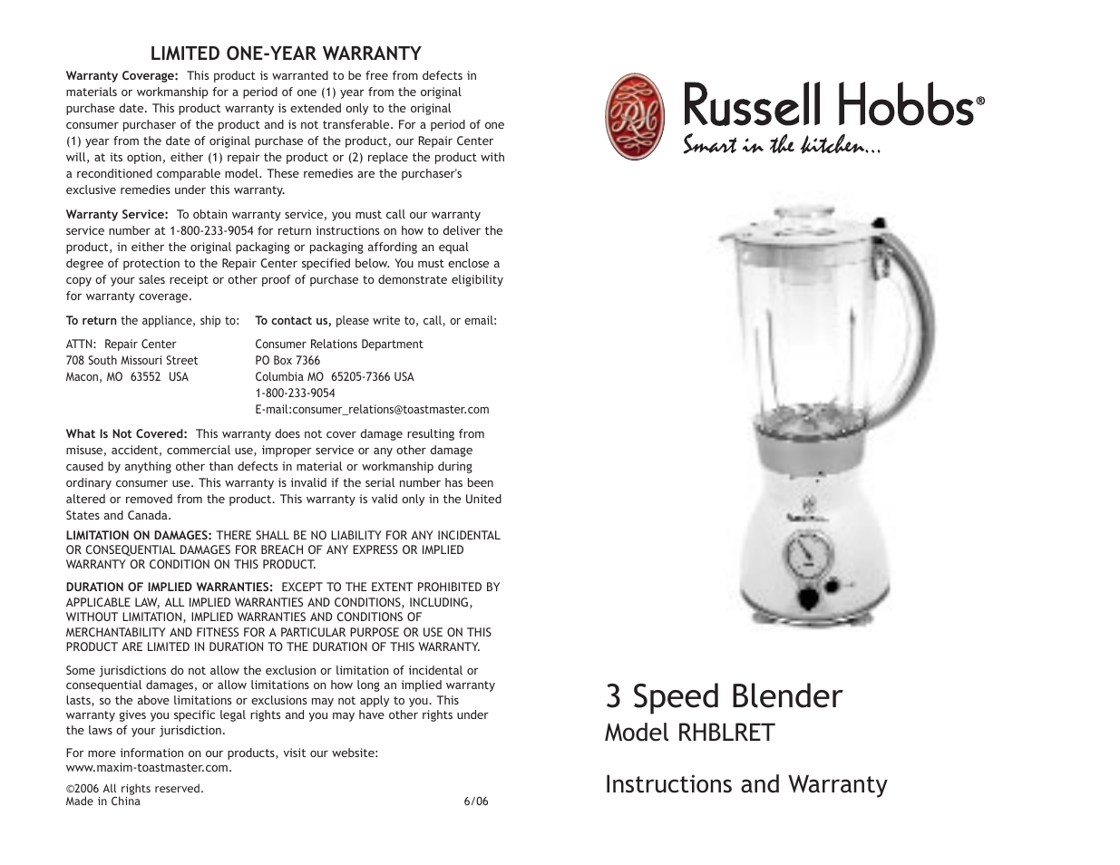 3 speed blender, Instructions and warranty, Model rhblret | Limited one-year warranty | Toastmaster RHBLRET User Manual | Page 8 / 8