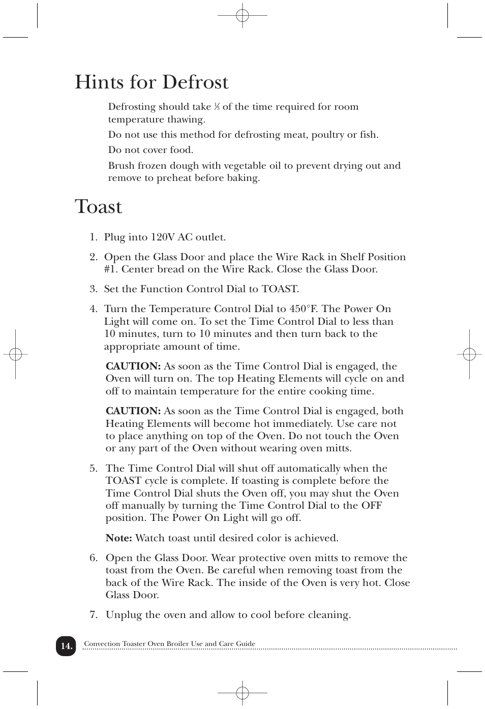 Hints for defrost, Toast | Toastmaster COV760BCAN User Manual | Page 15 / 22
