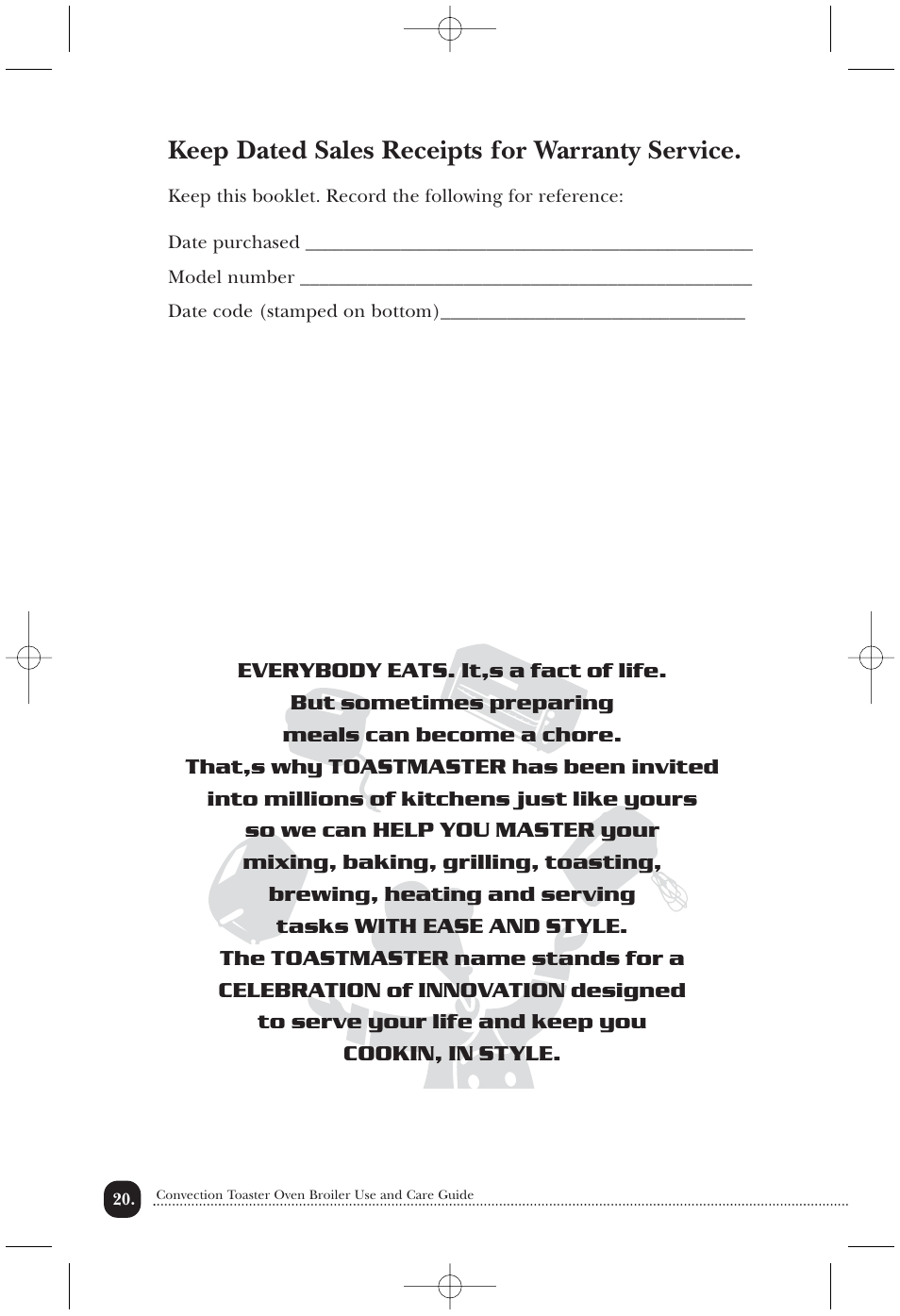 Keep dated sales receipts for warranty service | Toastmaster COV760BCAN User Manual | Page 21 / 22