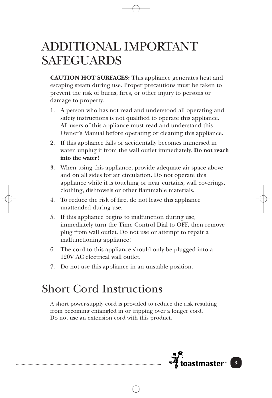 Additional important safeguards, Short cord instructions | Toastmaster COV760BCAN User Manual | Page 4 / 22