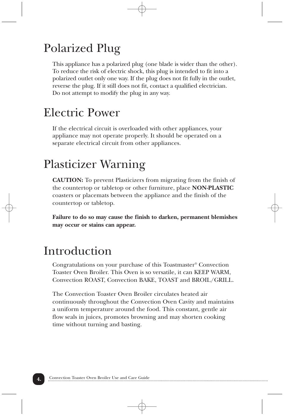 Polarized plug, Electric power, Plasticizer warning | Introduction | Toastmaster COV760BCAN User Manual | Page 5 / 22