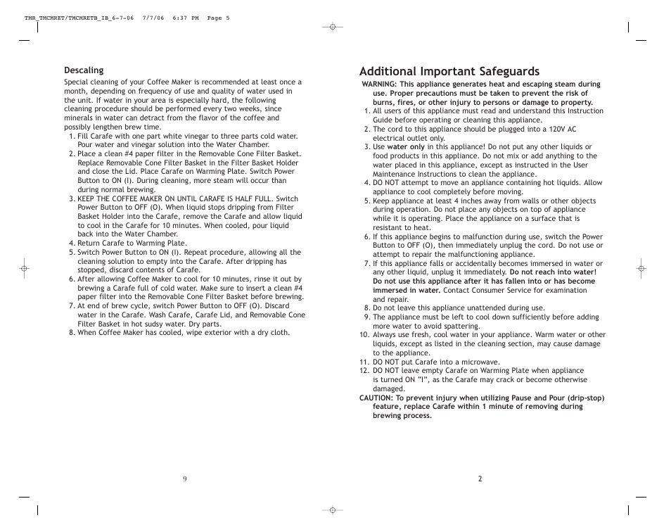 Additional important safeguards | Toastmaster TMCMRETB User Manual | Page 10 / 12