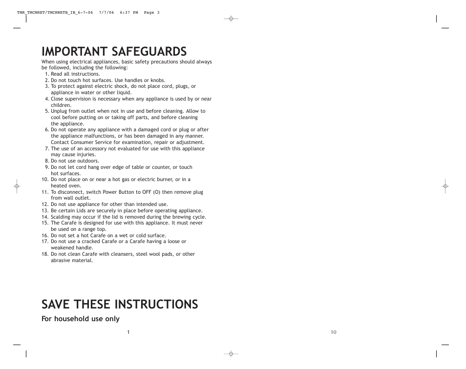 Important safeguards, Save these instructions | Toastmaster TMCMRETB User Manual | Page 11 / 12