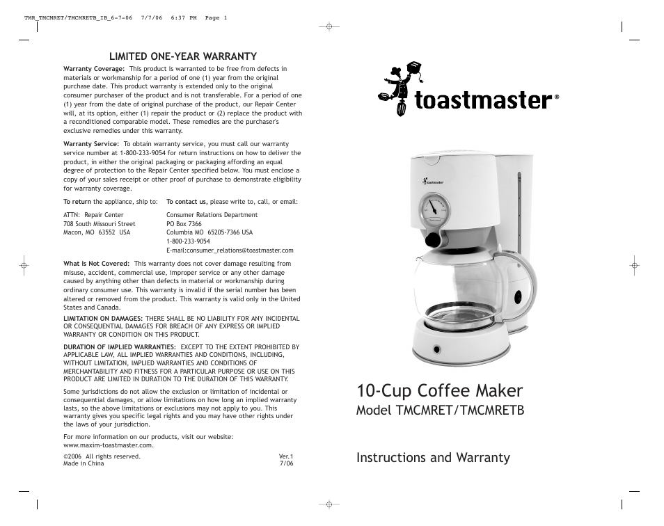Cup coffee maker, Instructions and warranty, Model tmcmret/tmcmretb | Toastmaster TMCMRETB User Manual | Page 12 / 12