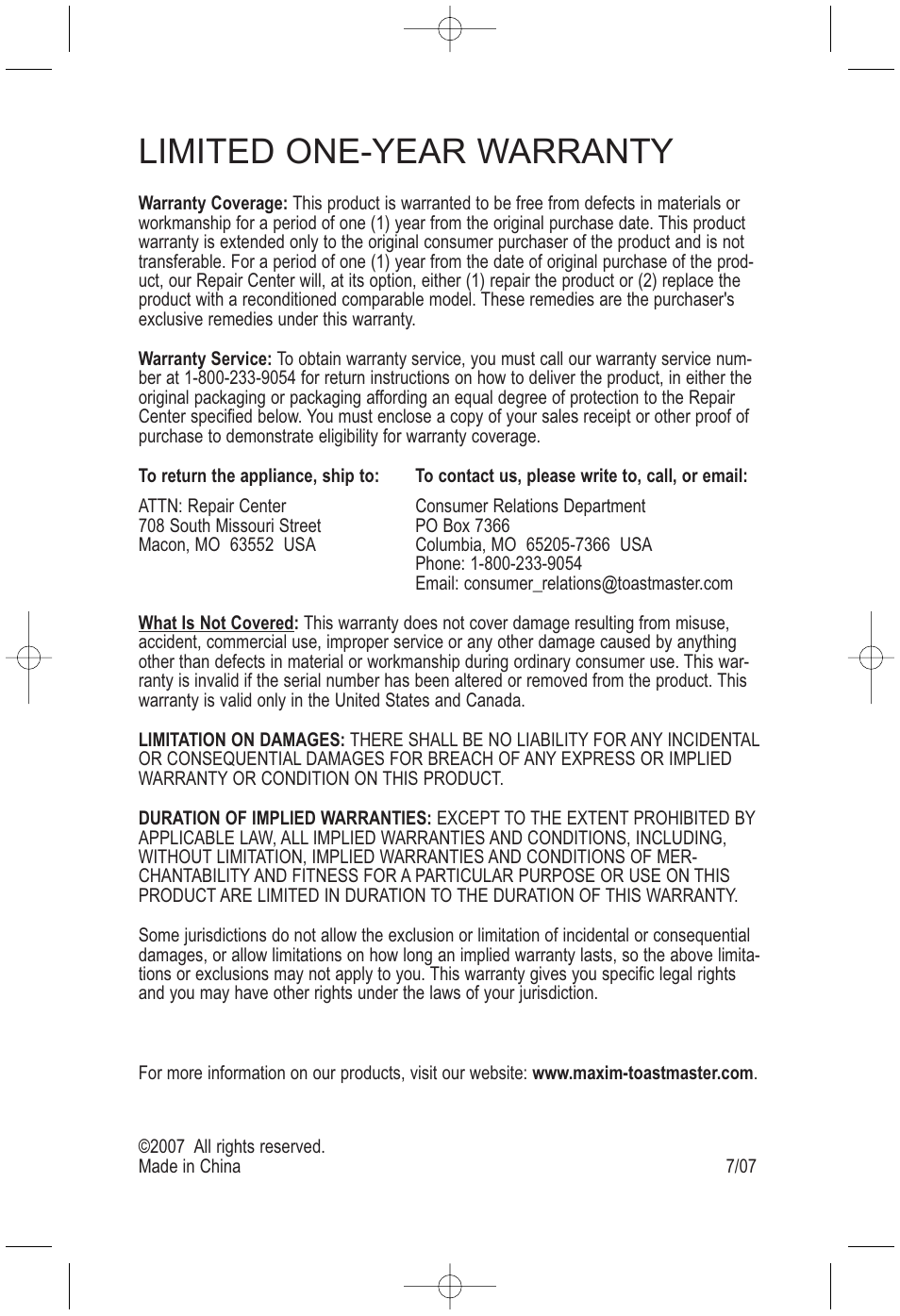 Limited one-year warranty | Toastmaster TMEG15W/B User Manual | Page 10 / 10