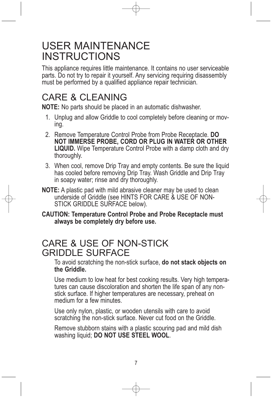User maintenance instructions, Care & cleaning, Care & use of non-stick griddle surface | Toastmaster TMEG15W/B User Manual | Page 8 / 10