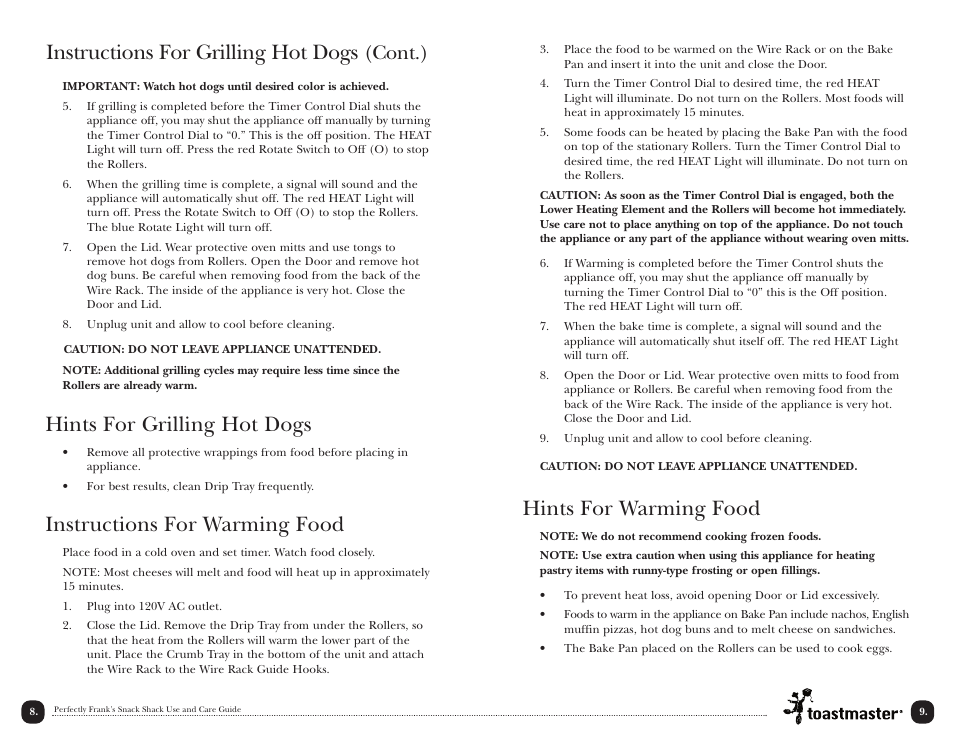 Hints for grilling hot dogs, Instructions for warming food, Hints for warming food | Instructions for grilling hot dogs, Cont.) | Toastmaster TMHD1 User Manual | Page 10 / 14