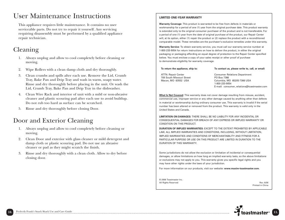 User maintenance instructions, Cleaning, Door and exterior cleaning | Toastmaster TMHD1 User Manual | Page 11 / 14