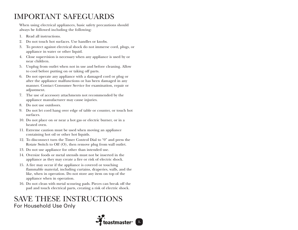 Important safeguards, Save these instructions | Toastmaster TMHD1 User Manual | Page 2 / 14