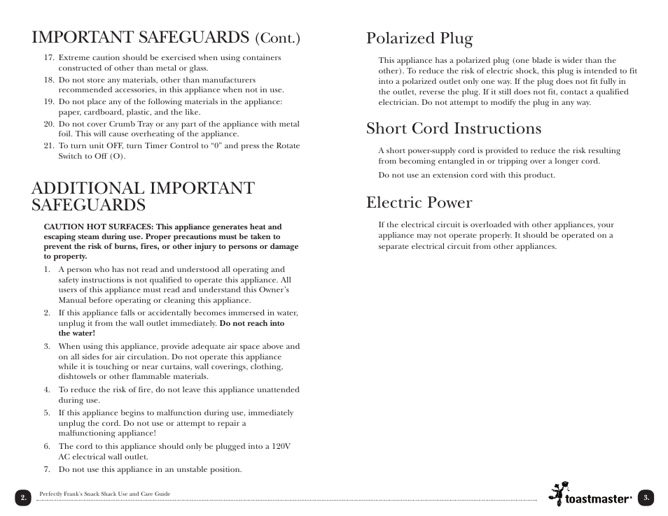 Important safeguards, Additional important safeguards, Polarized plug | Short cord instructions, Electric power, Cont.) | Toastmaster TMHD1 User Manual | Page 3 / 14