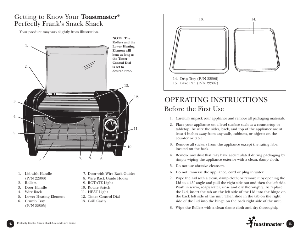 Operating instructions, Getting to know your toastmaster, Perfectly frank’s snack shack | Before the first use | Toastmaster TMHD1 User Manual | Page 5 / 14