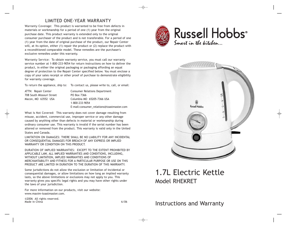 Toastmaster RHEKRET User Manual | 8 pages