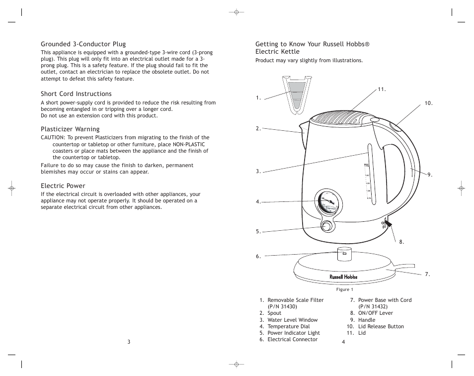 Grounded 3-conductor plug, Short cord instructions, Plasticizer warning | Electric power | Toastmaster RHEKRET User Manual | Page 5 / 8