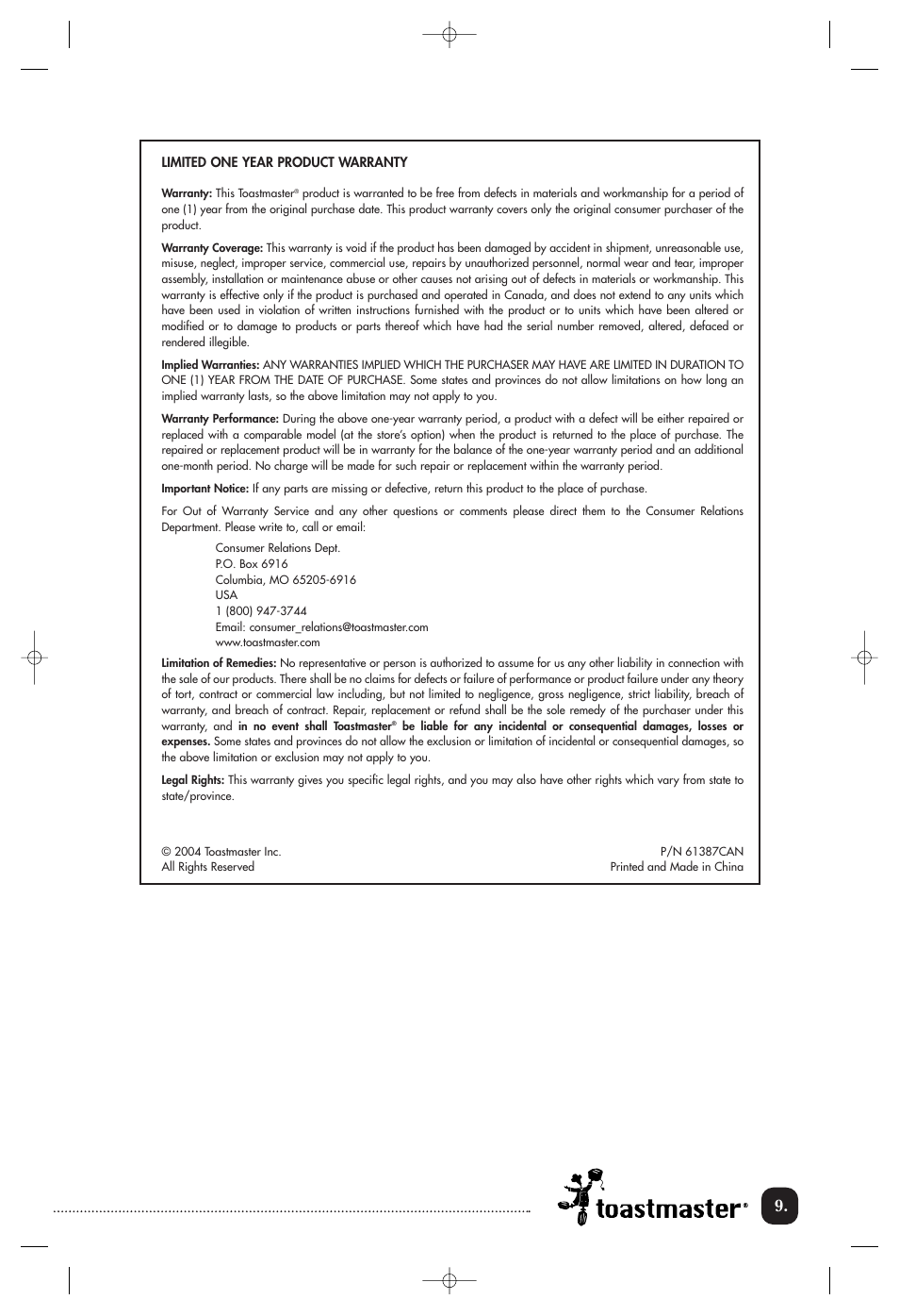 Toastmaster THP32WCAN User Manual | Page 10 / 12