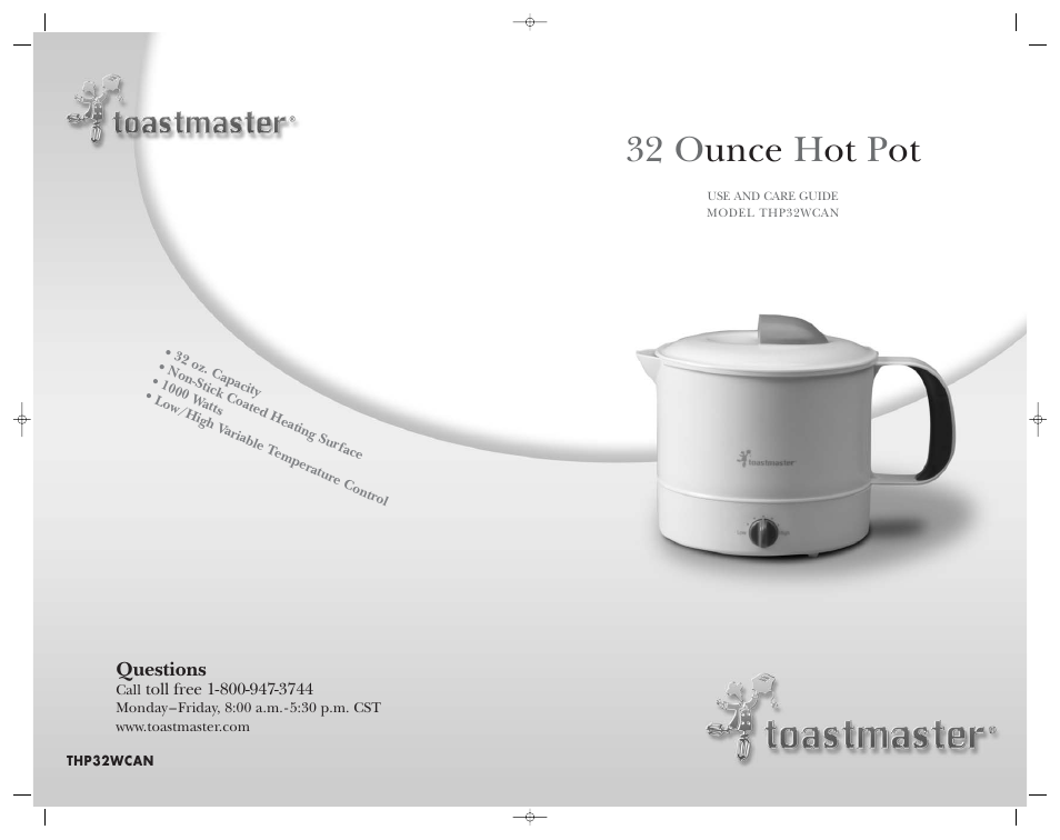 32 o unce h ot p ot | Toastmaster THP32WCAN User Manual | Page 12 / 12