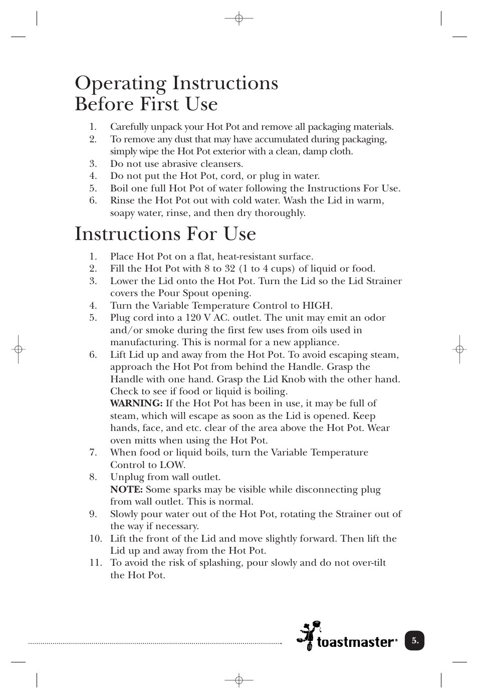 Operating instructions before first use, Instructions for use | Toastmaster THP32WCAN User Manual | Page 6 / 12